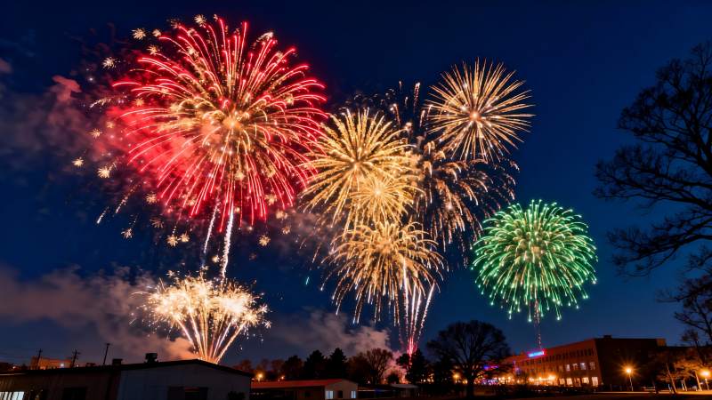 夜空中绚丽多彩的烟花绽放图片