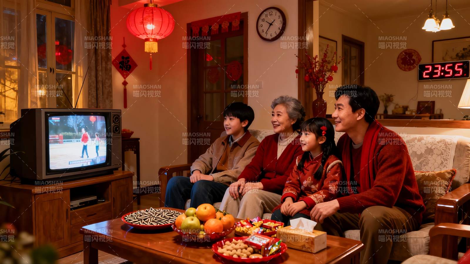 家庭除夕夜看电视团圆图片