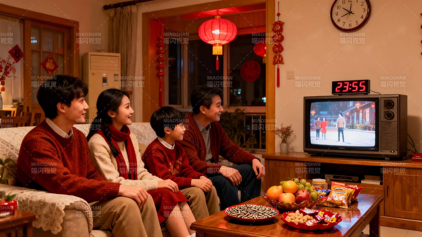 四口之家除夕夜客厅看电视图片