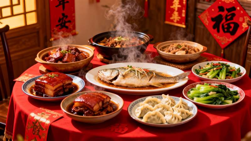 春节团圆饭丰盛菜肴摆满桌图片