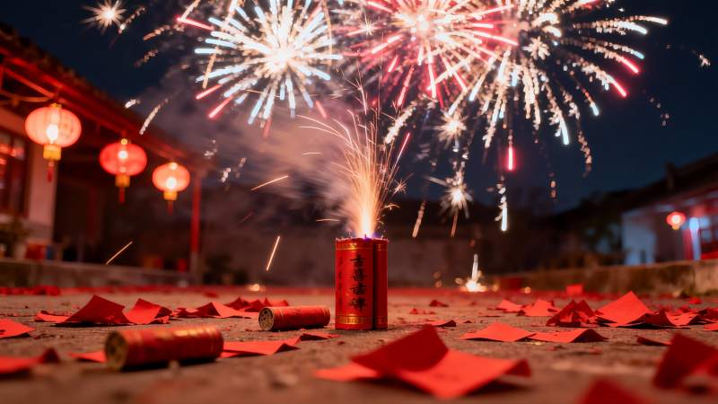 夜空烟花绽放庭院红灯笼图片