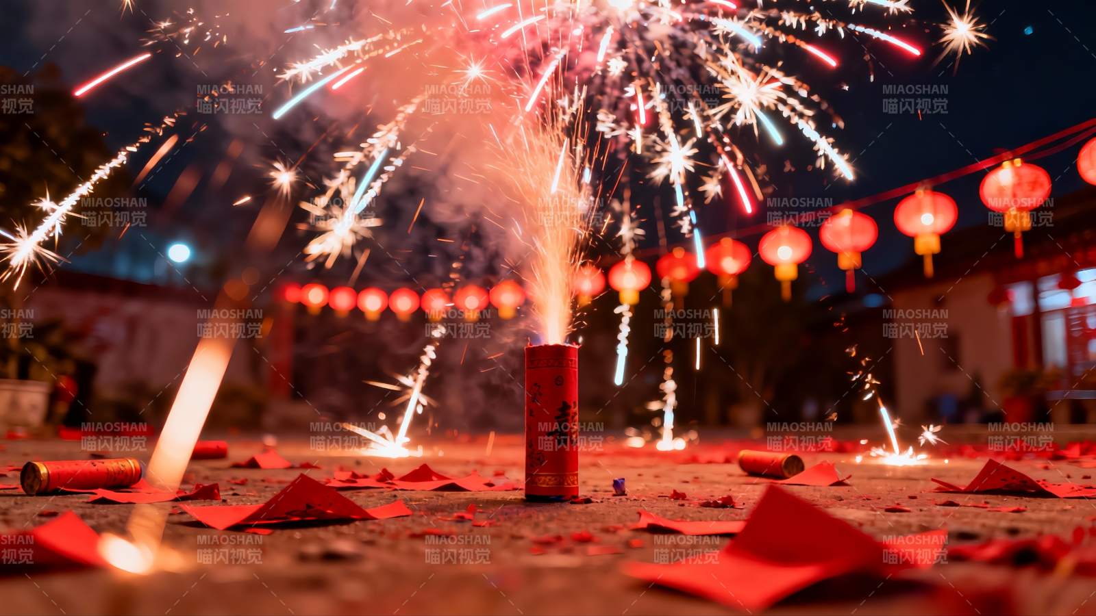 夜空中绽放的烟花与红灯笼图片