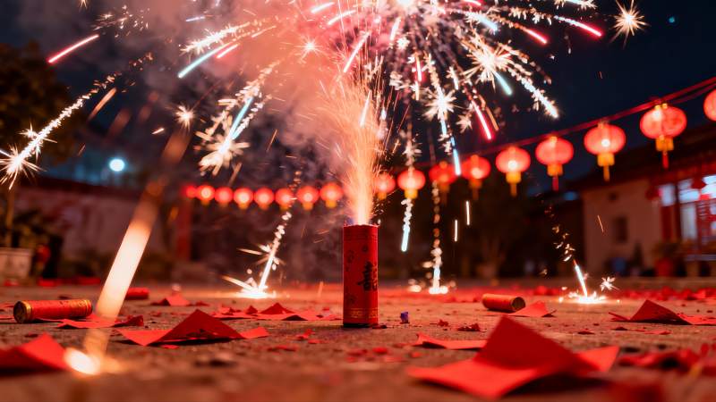夜空中绽放的烟花与红灯笼图片