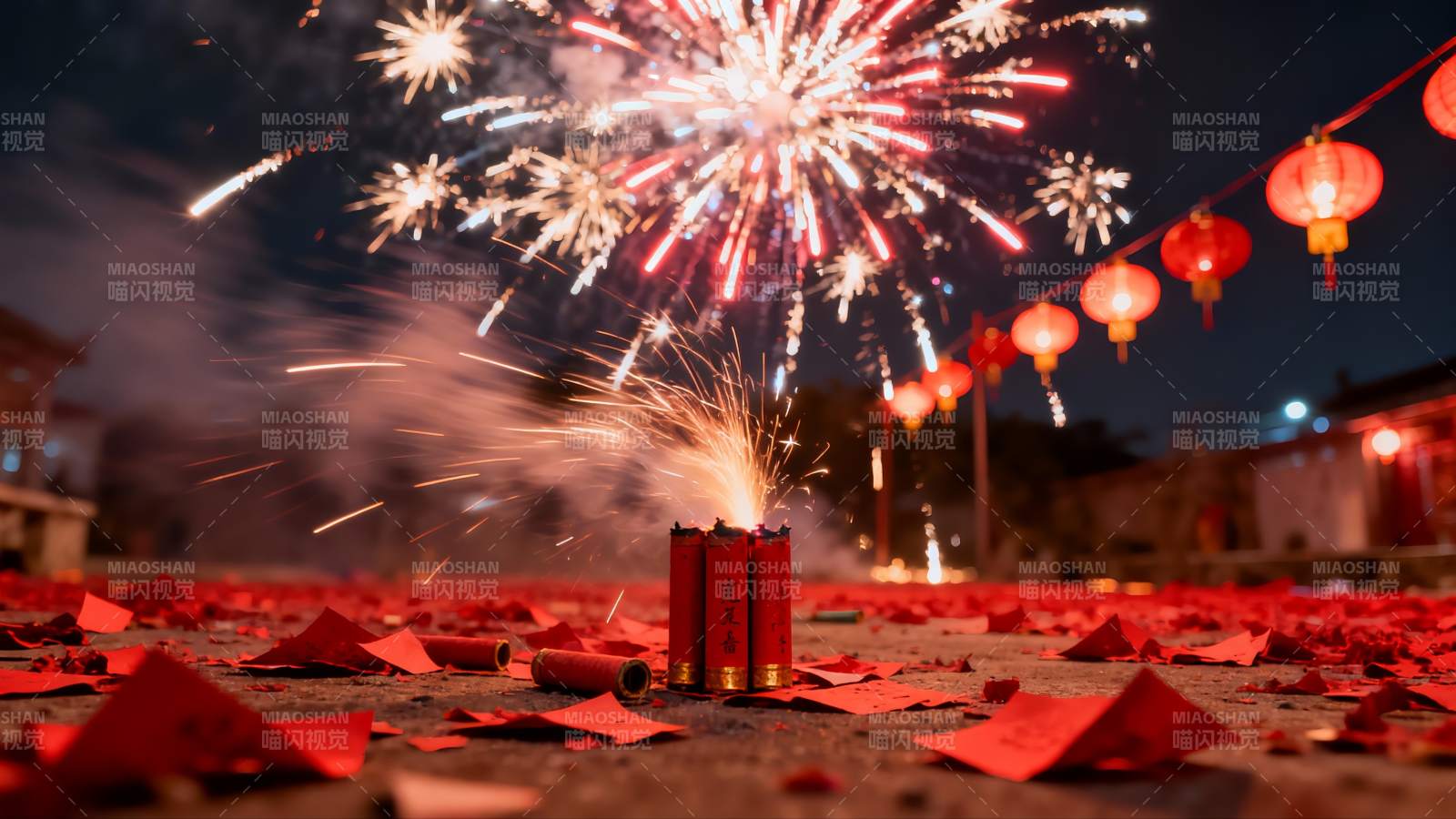 夜空烟花绽放灯笼高挂图片