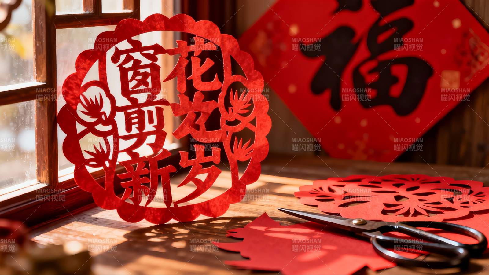 窗前剪纸迎新春图片