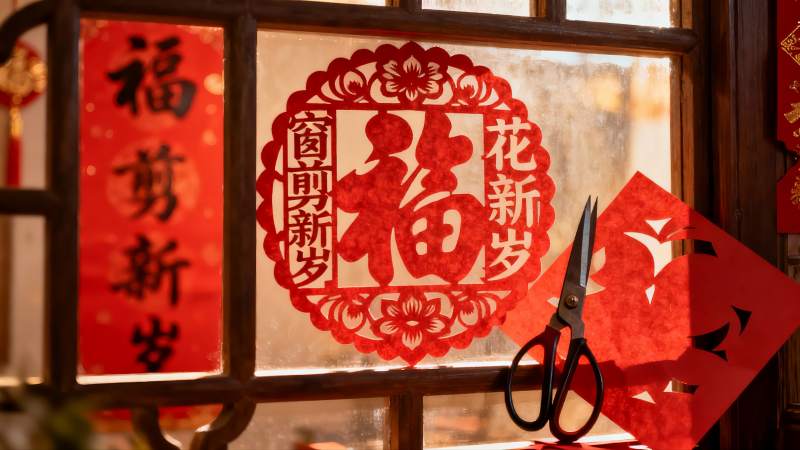 窗前剪纸迎新春图片