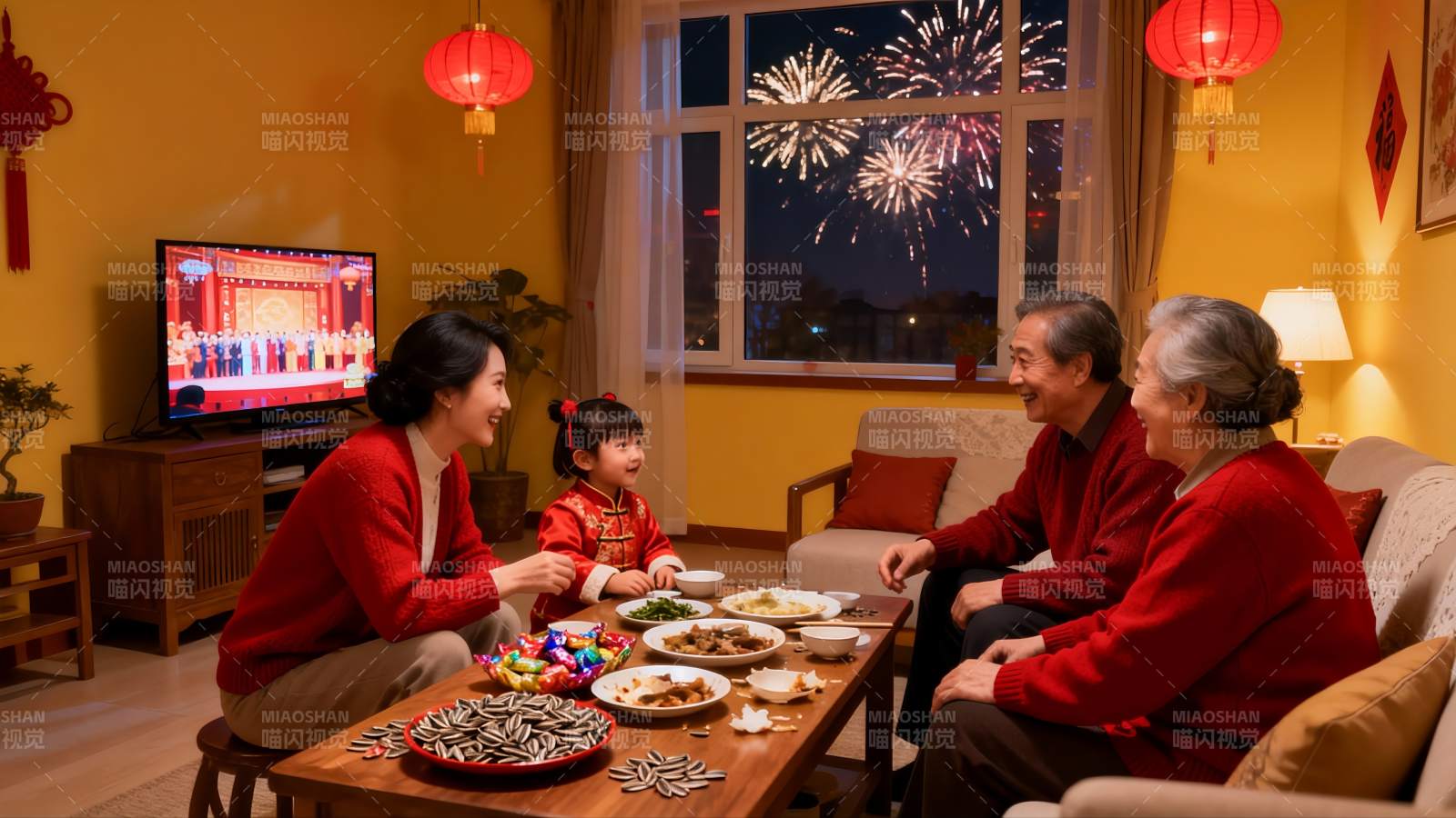 家人围坐客厅看春晚放烟花图片