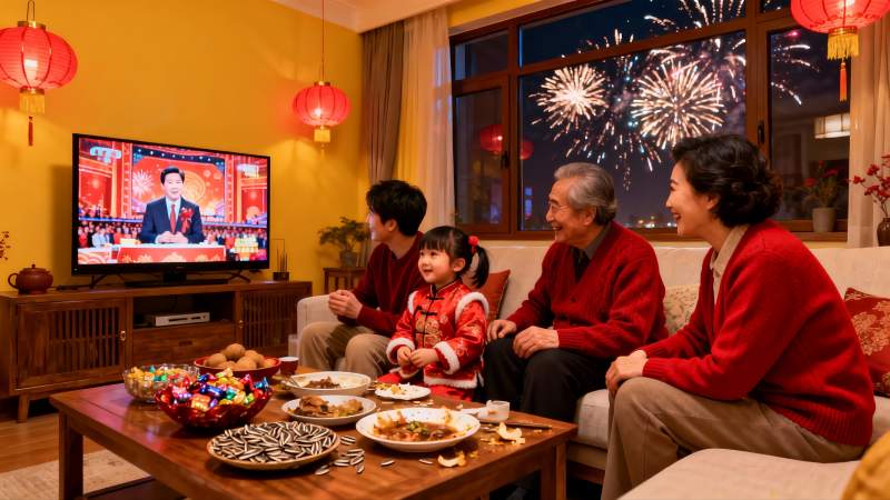 全家除夕夜客厅团聚看电视图片