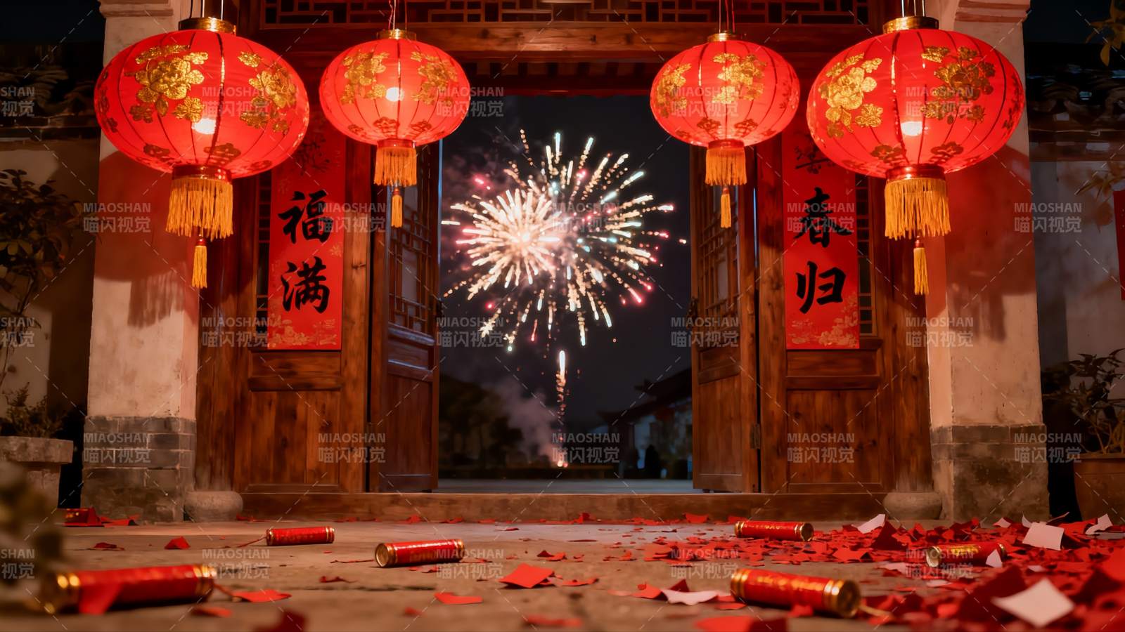 古建筑前烟花绽放红灯笼高挂图片