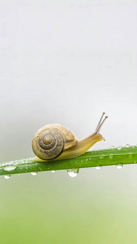 蜗牛爬行在露珠叶上图片