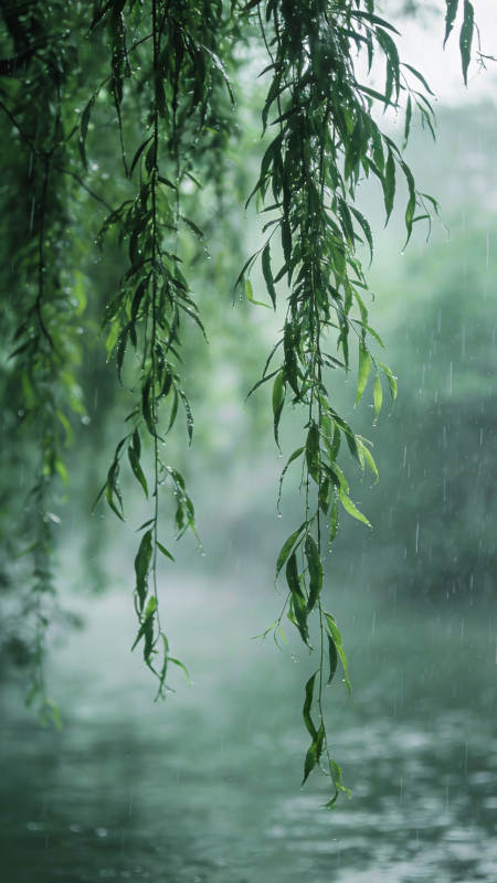 雨中垂柳图片