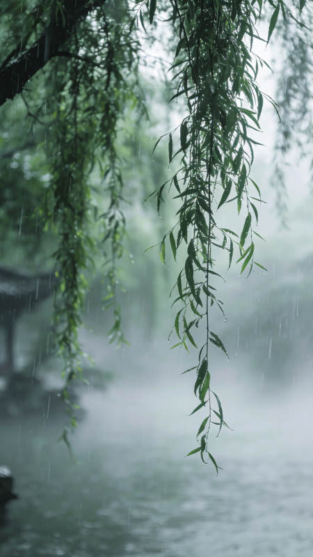 雨中垂柳图片