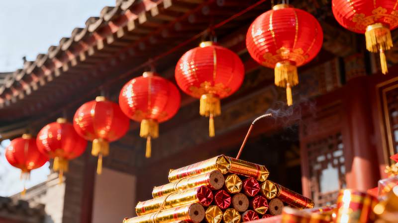 古建筑前红灯笼与鞭炮图片