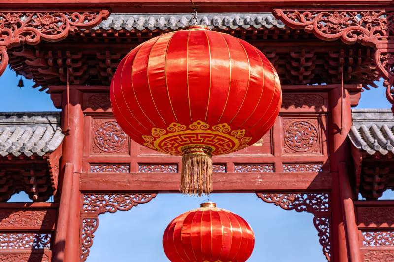 红灯笼映衬古建筑图片