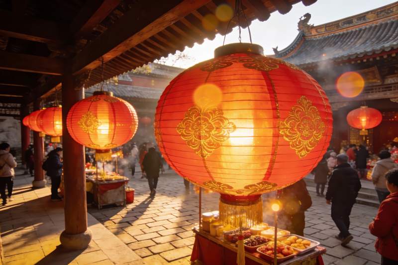 古建筑庭院灯笼高挂人群熙攘图片