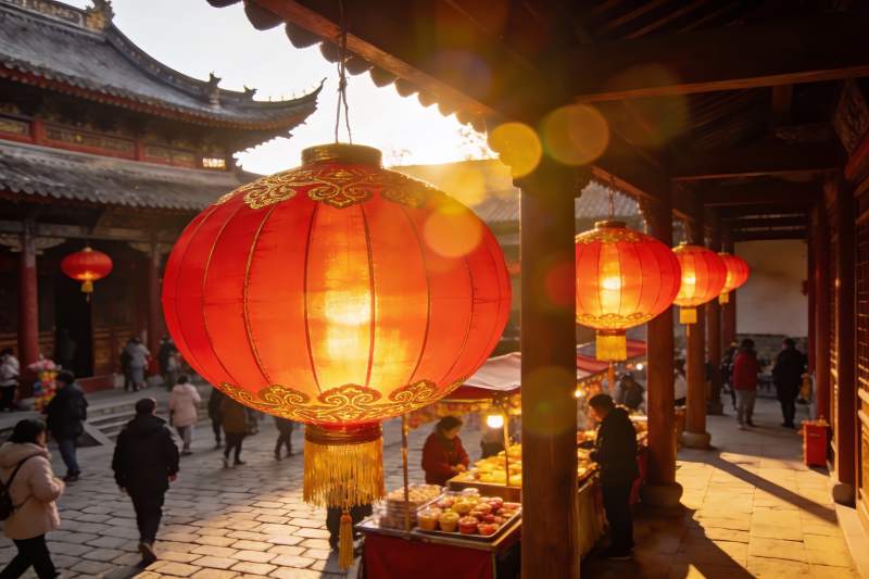 古建筑前红灯笼集市夜景图片