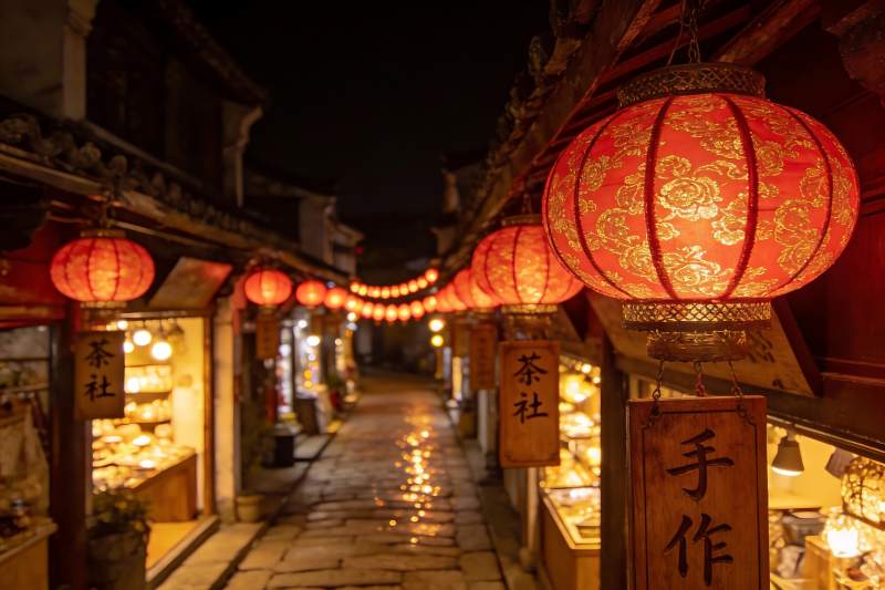 夜色古街红灯笼高挂图片