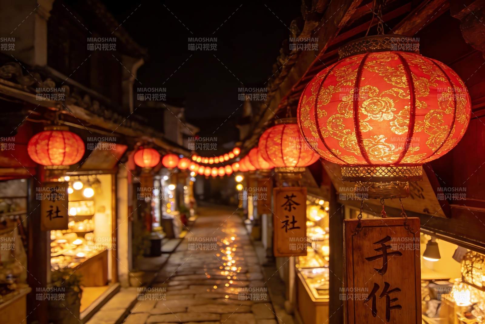 夜色古街红灯笼高挂图片