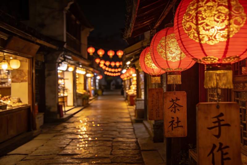 夜色古街红灯笼图片