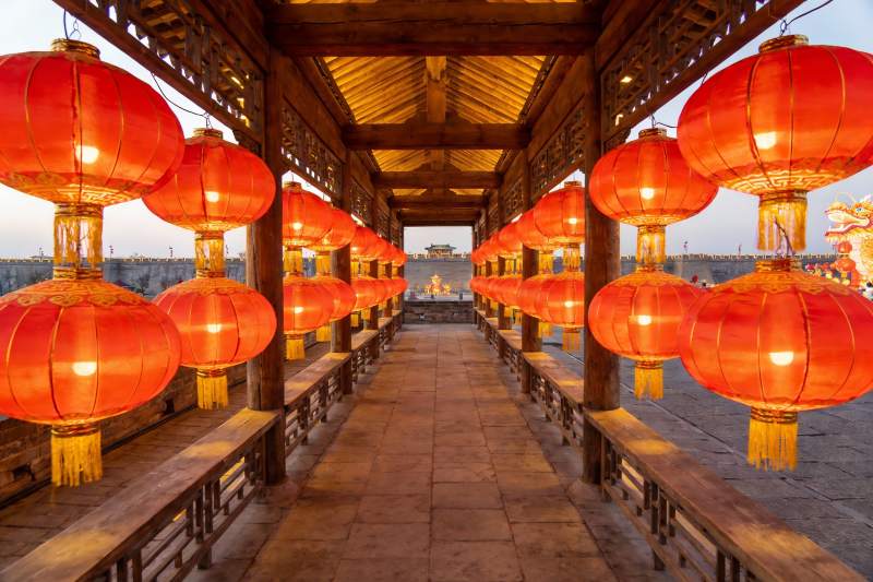 古建筑长廊红灯笼图片