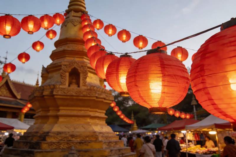 夜市灯笼映佛塔图片