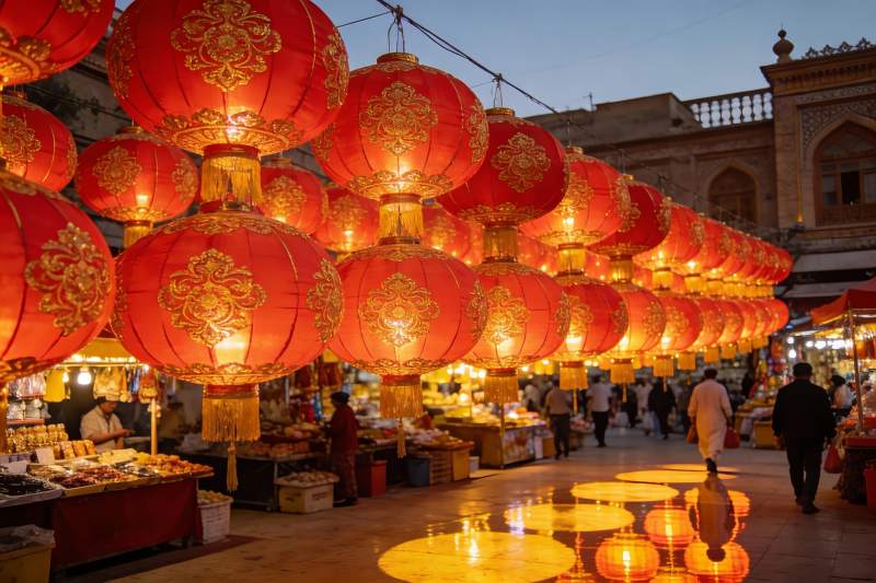 夜市红灯笼高挂人群熙攘图片