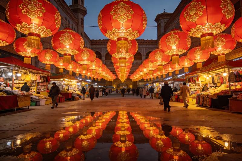 夜市红灯笼高挂行人穿梭图片