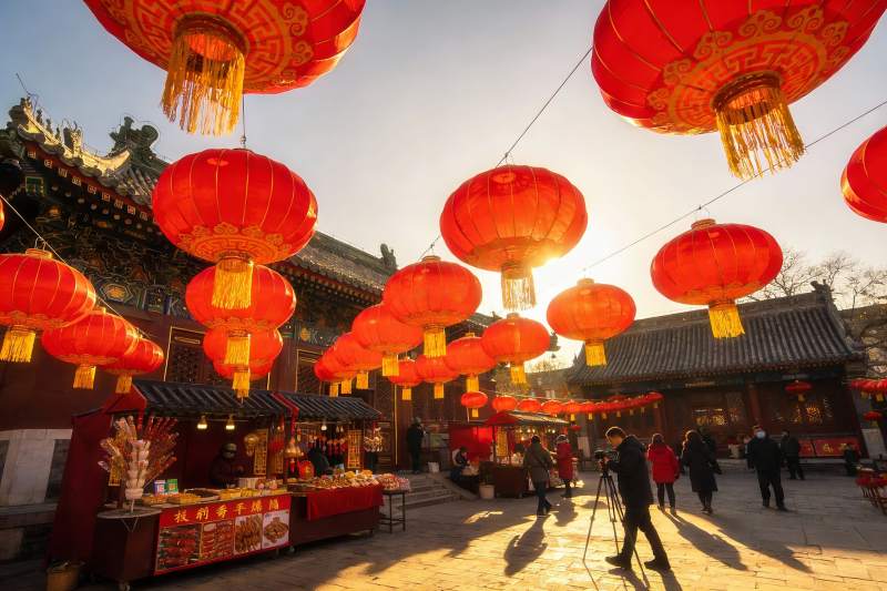 红灯笼装饰的古建筑节日场景图片