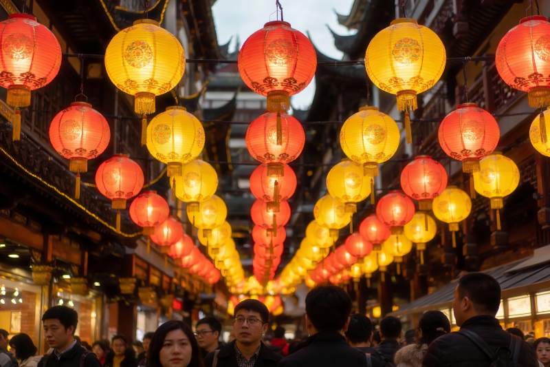 古街挂满红黄灯笼人群熙攘图片