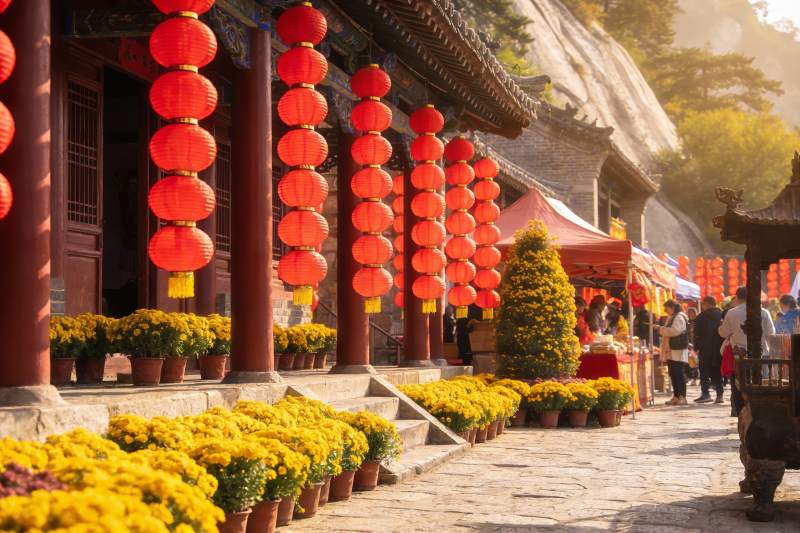 古建筑前灯笼菊花迎客图片