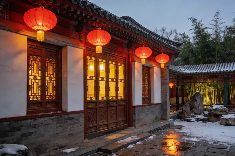 雪夜古建筑红灯笼图片