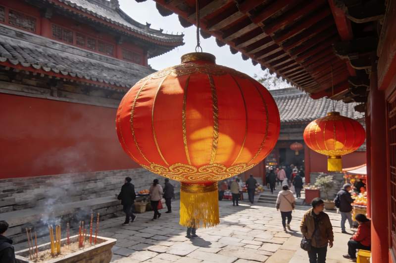 古建筑庭院挂红灯笼祈福场景图片