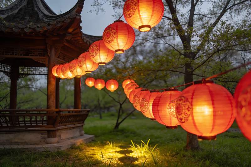 古亭挂红灯笼夜景图片