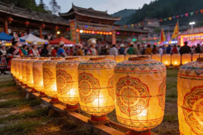 夜市灯笼光影人潮盛景图片