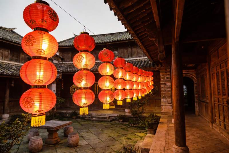 古建筑庭院夜景红灯笼图片