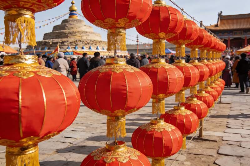 红灯笼装饰古建筑节日场景图片