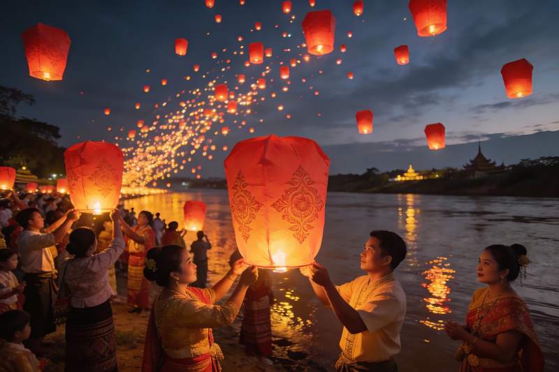 夜放孔明灯祈福人群图片