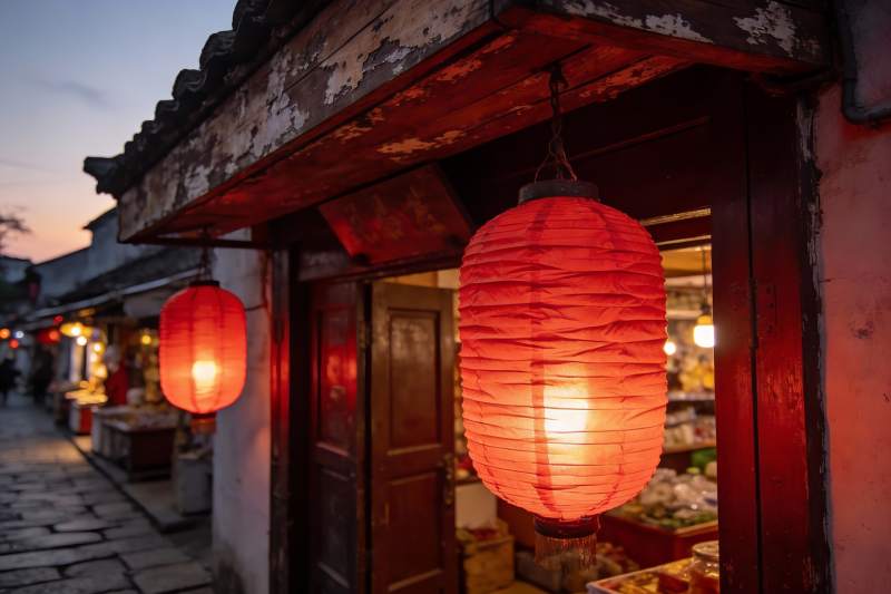 古街夜景红灯笼高挂图片