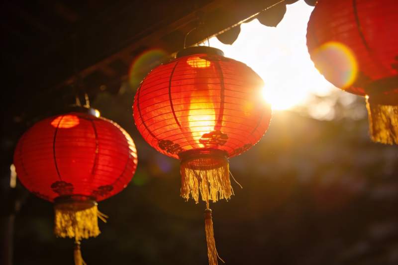 夕阳下的红灯笼光影图片