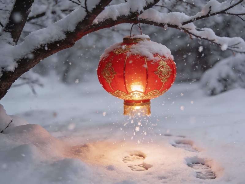 雪夜红灯笼映衬脚印图片