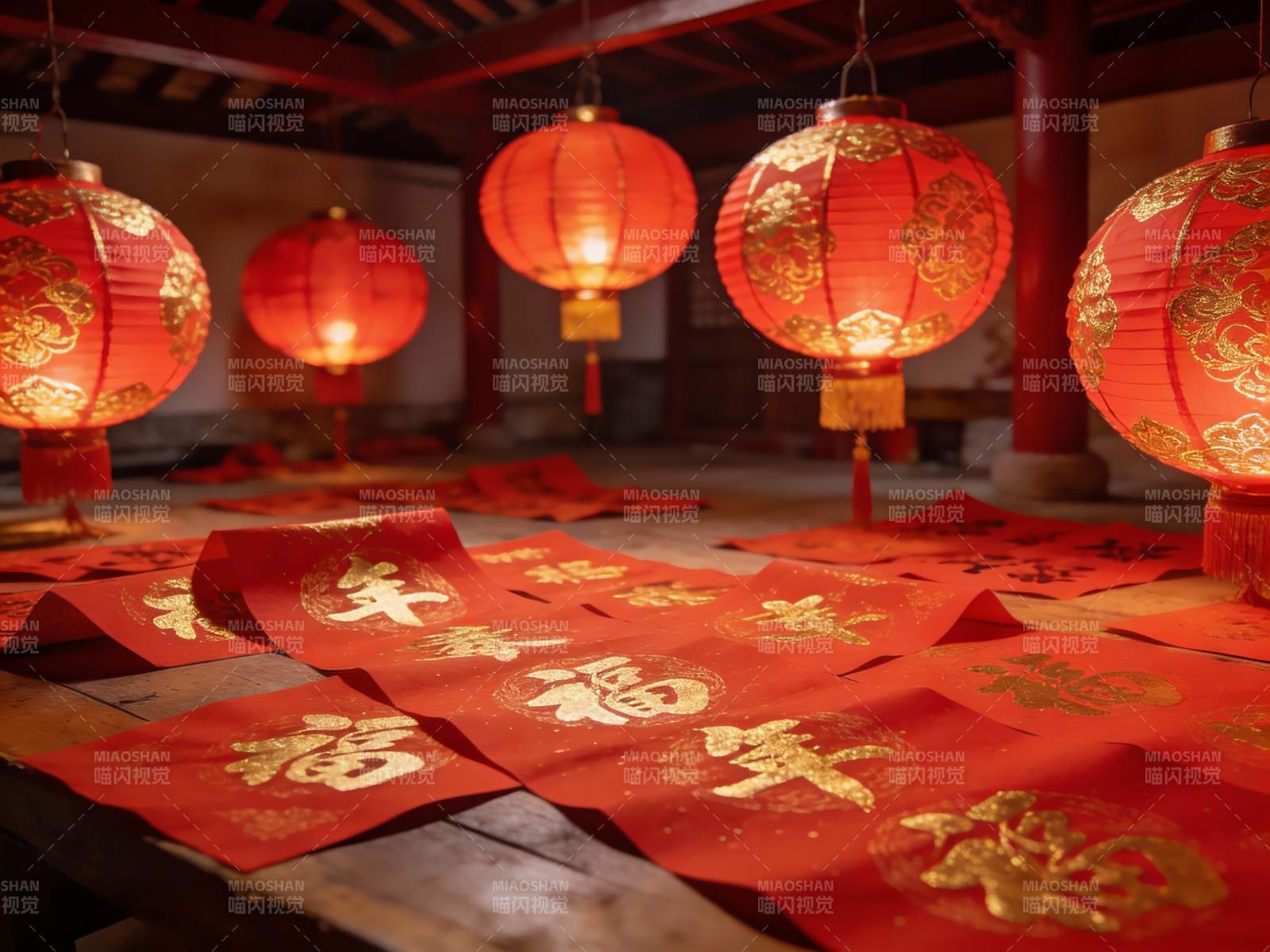 红灯笼与春联营造节日氛围图片