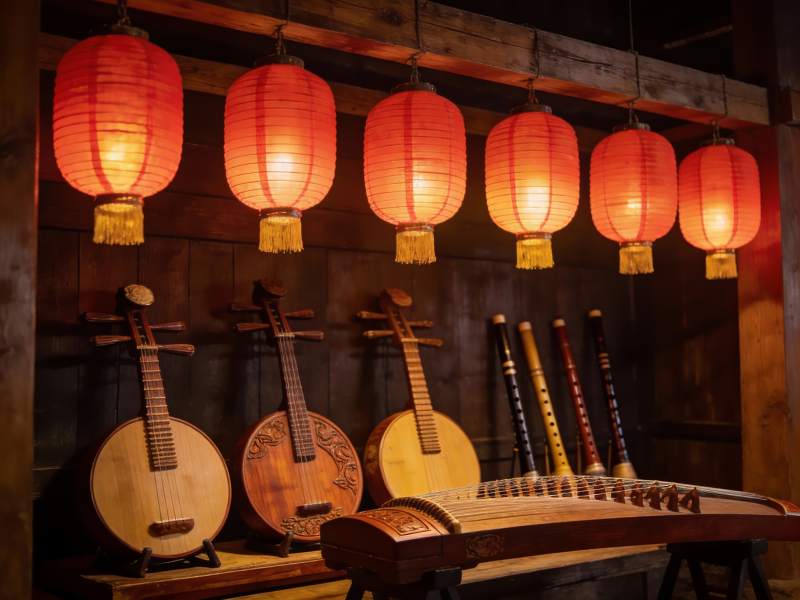 古色古香乐器与红灯笼图片