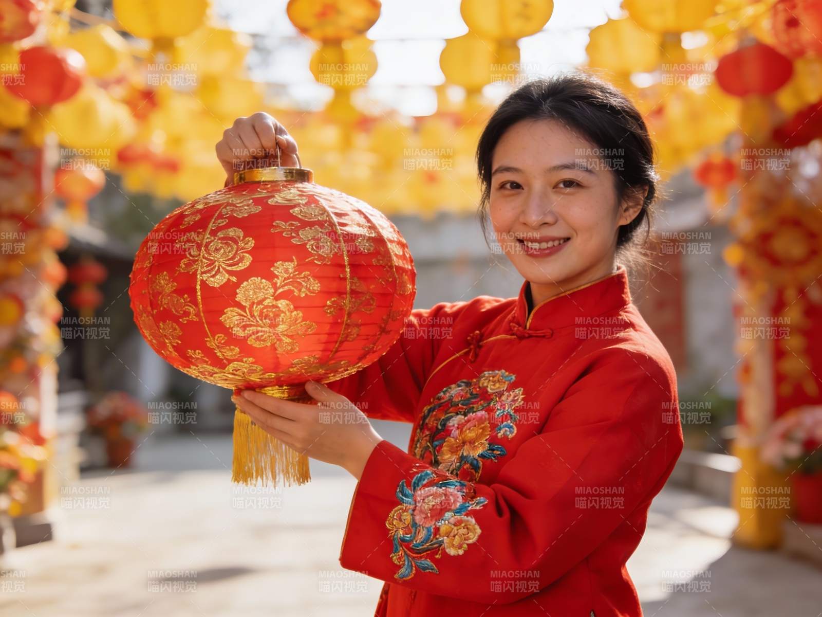 女子手持红灯笼节日氛围浓厚图片