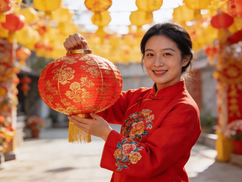 女子手持红灯笼节日氛围浓厚图片