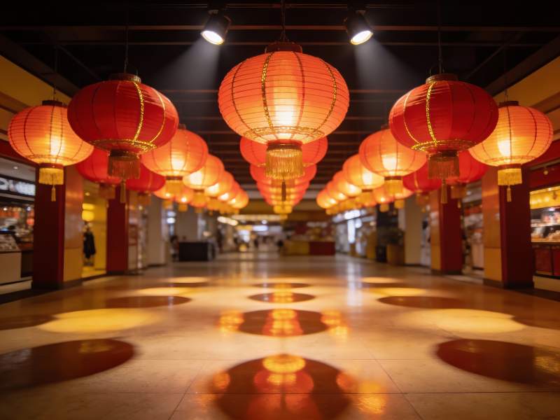 红灯笼装饰的室内长廊图片