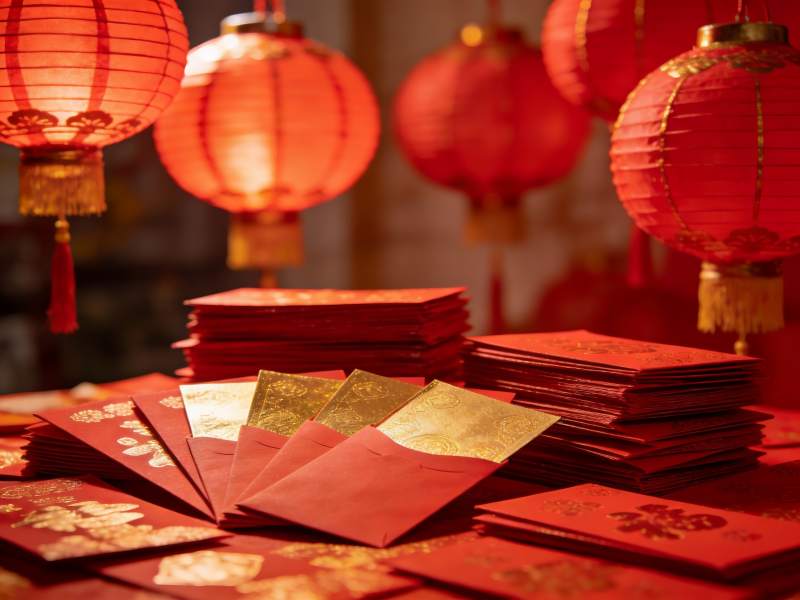 春节红包与红灯笼装饰图片