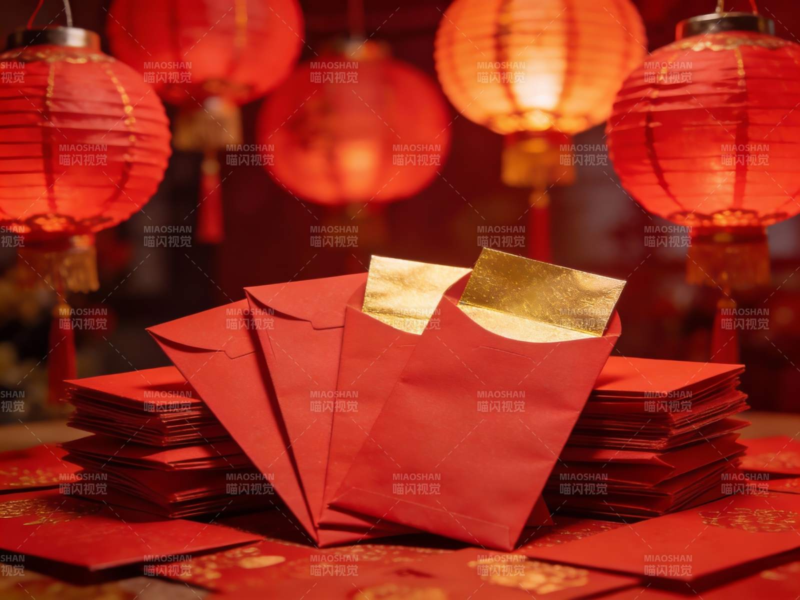 春节红包与红灯笼喜庆场景图片
