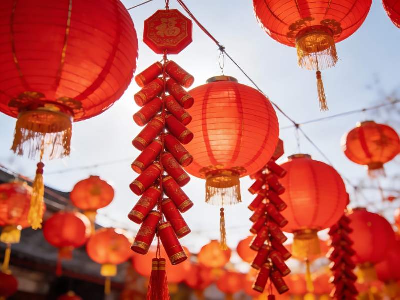 红灯笼与鞭炮迎新春图片