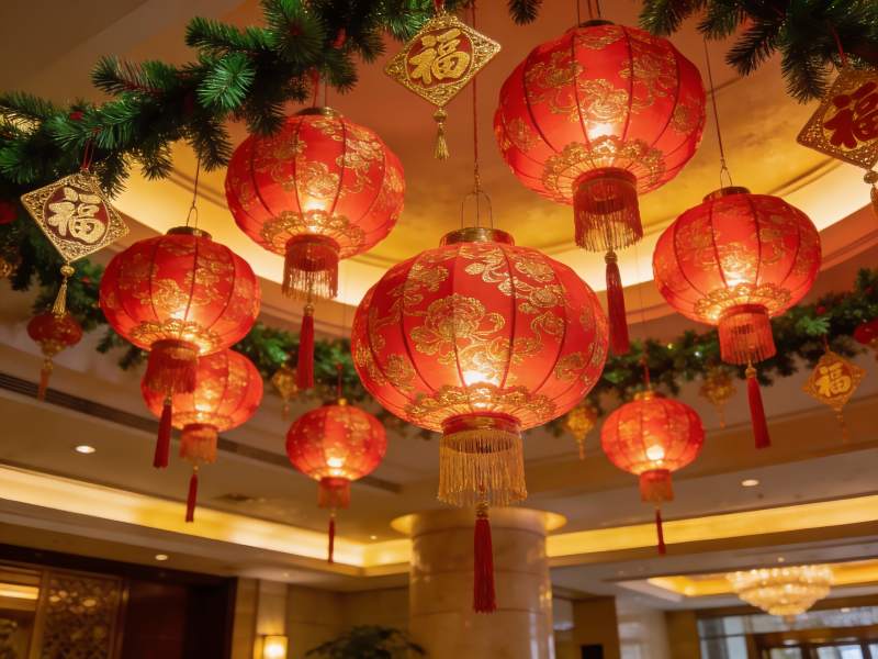 室内悬挂红色灯笼装饰场景图片