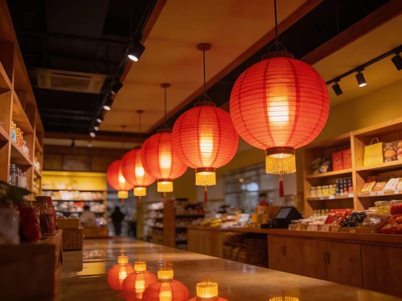 红灯笼映照商店图片